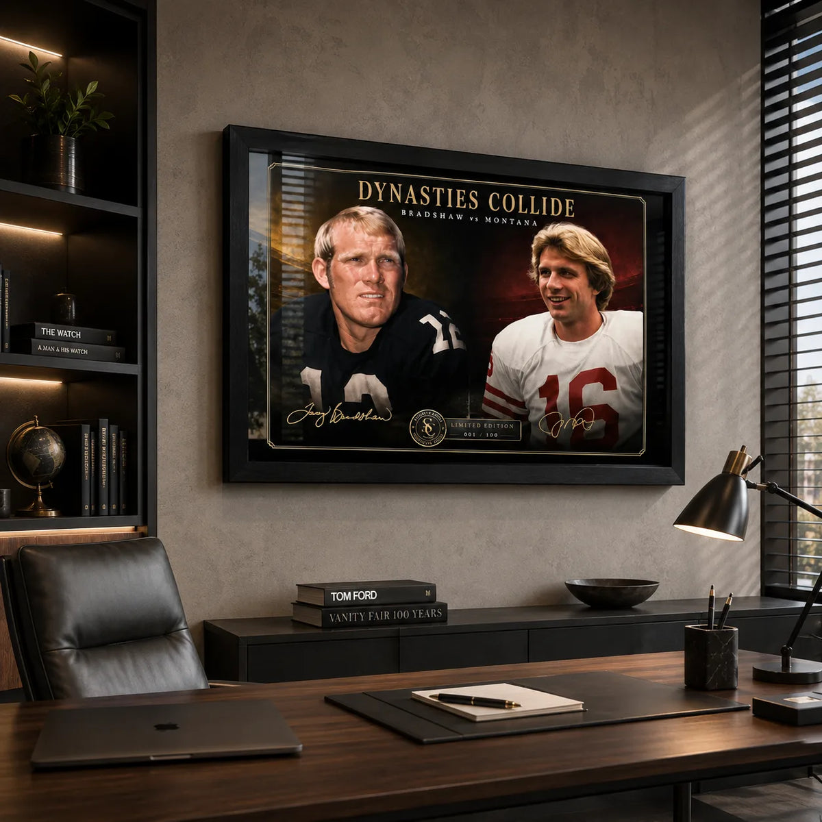 Bradshaw vs Montana wall art mounted in a refined home office, presented in a black frame above a timber desk.