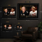 Bradshaw vs Montana wall art size guide showing XL, Large, Medium and Small framed dimensions in centimetres and inches.