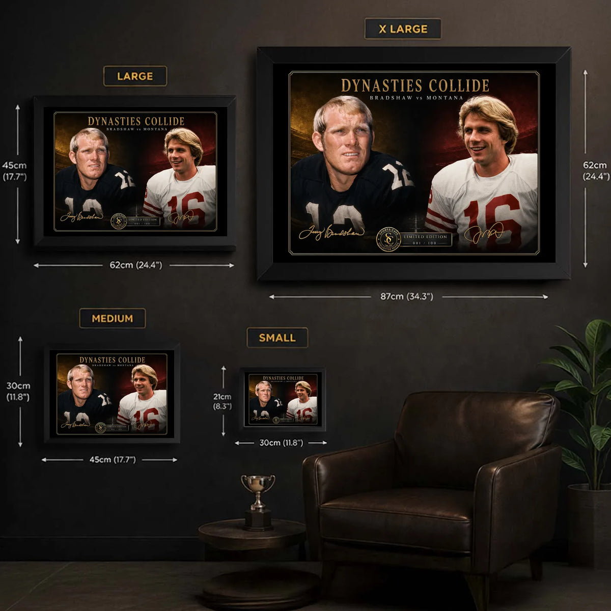 Bradshaw vs Montana wall art size guide showing XL, Large, Medium and Small framed dimensions in centimetres and inches.