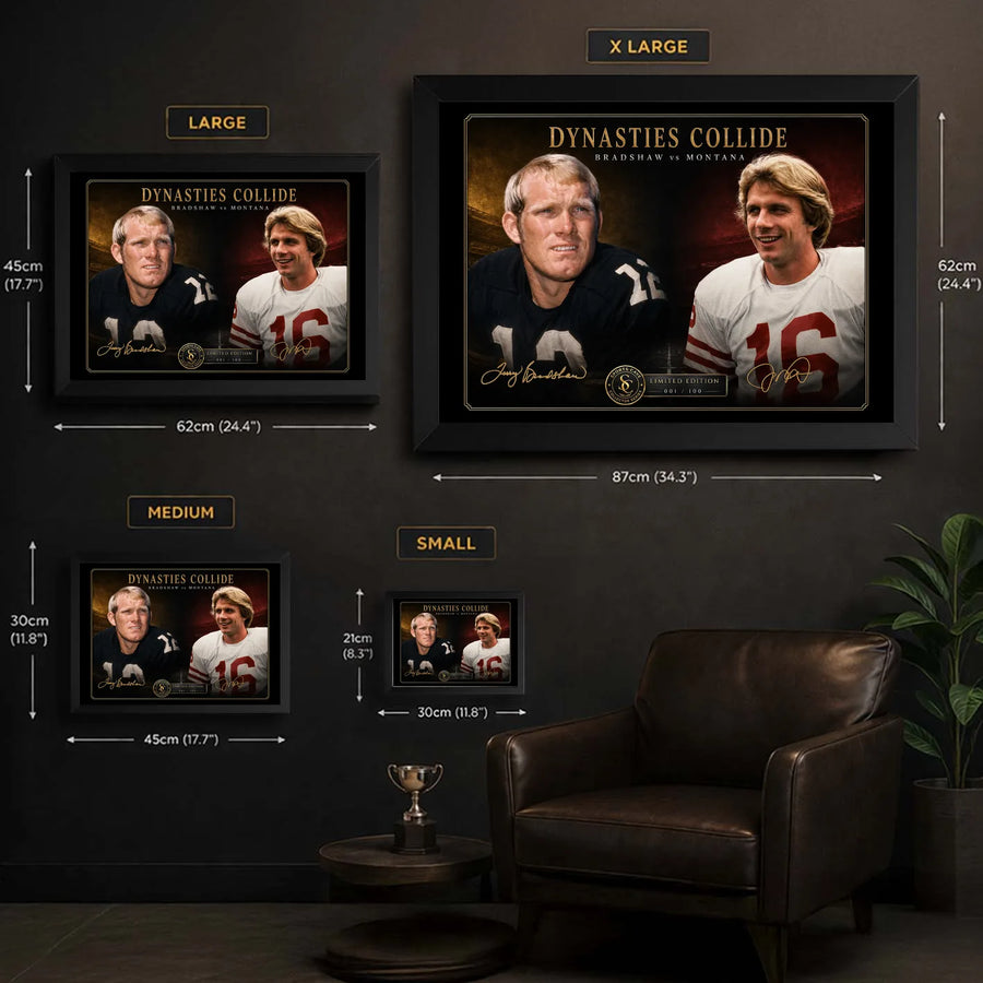 Bradshaw vs Montana wall art size guide showing XL, Large, Medium and Small framed dimensions in centimetres and inches.
