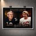 Unframed Bradshaw vs Montana NFL wall art design with the Dynasties Collide title and gold collector detailing.