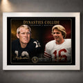 White framed Dynasties Collide Bradshaw vs Montana wall art shown against a neutral wall for a clean collector display.