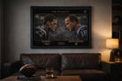 Tom Brady vs Peyton Manning framed sports art showing a dramatic face-off rivalry design in premium black frame