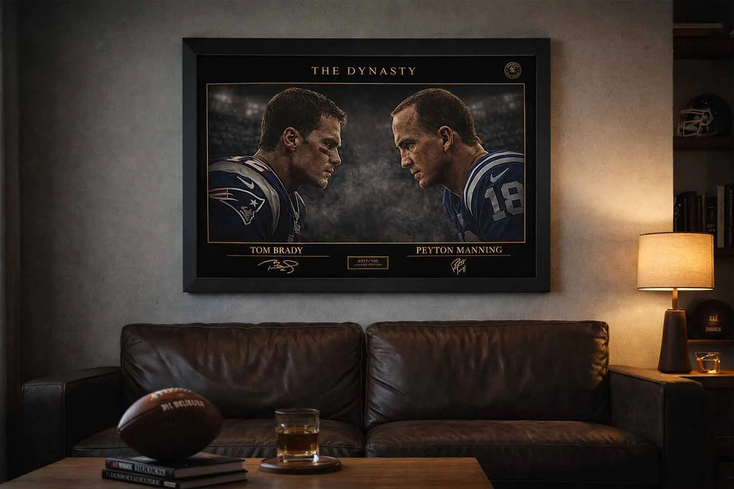 Tom Brady vs Peyton Manning framed sports art showing a dramatic face-off rivalry design in premium black frame