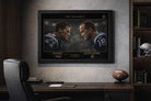 Tom Brady vs Peyton Manning framed sports memorabilia in a private office setting with desk and football décor