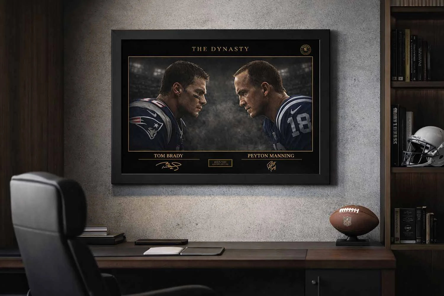 Tom Brady vs Peyton Manning framed sports memorabilia in a private office setting with desk and football décor