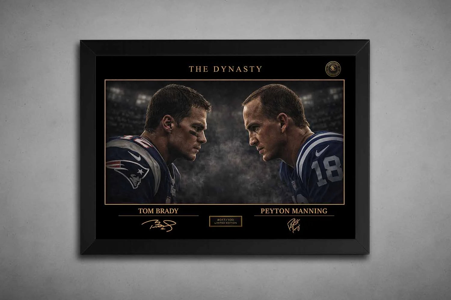 Tom Brady vs Peyton Manning framed sports art showing a dramatic face-off rivalry design in premium black frame
