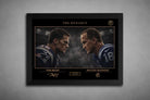 Tom Brady vs Peyton Manning framed sports art showing a dramatic face-off rivalry design in premium black frame