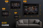 Tom Brady vs Peyton Manning limited edition sports prints shown across multiple sizes with visual size guide layout