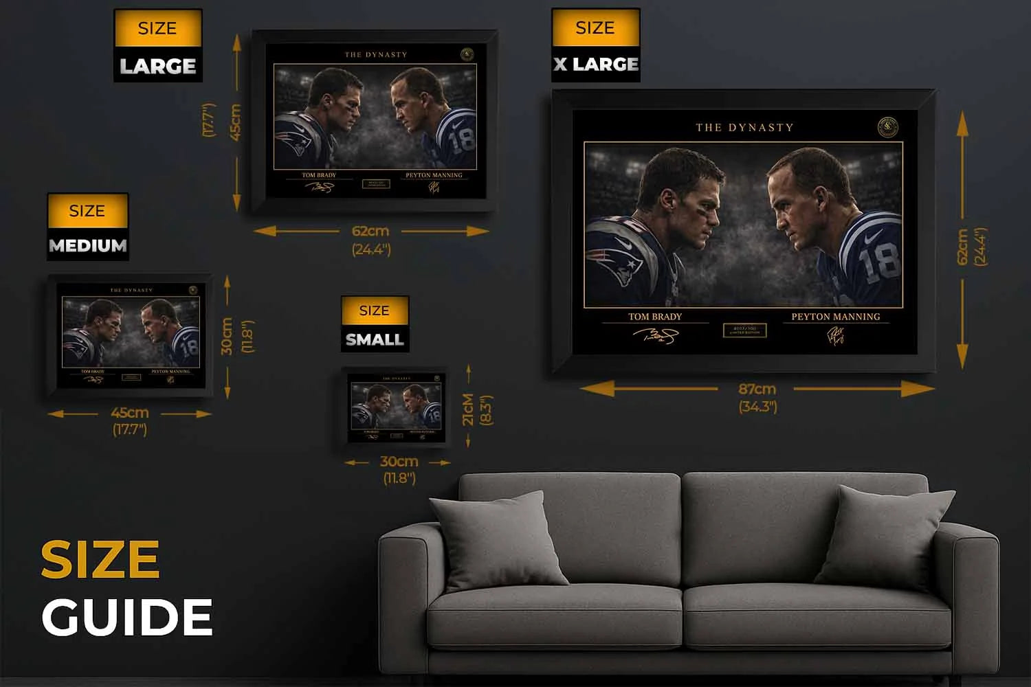 Tom Brady vs Peyton Manning limited edition sports prints shown across multiple sizes with visual size guide layout