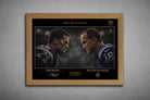 Tom Brady vs Peyton Manning premium sports collectibles artwork in oak frame with refined gold-accent design