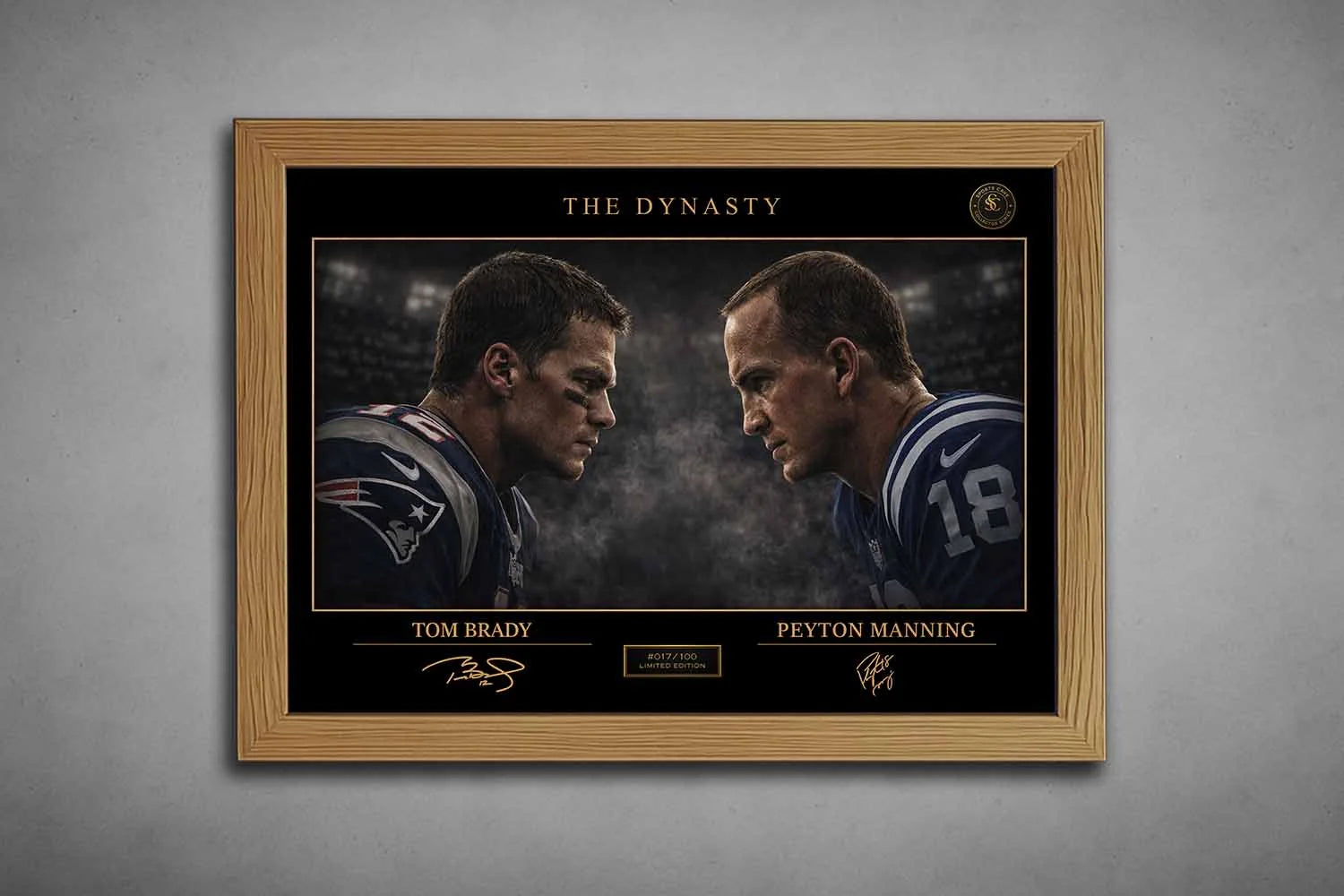 Tom Brady vs Peyton Manning premium sports collectibles artwork in oak frame with refined gold-accent design