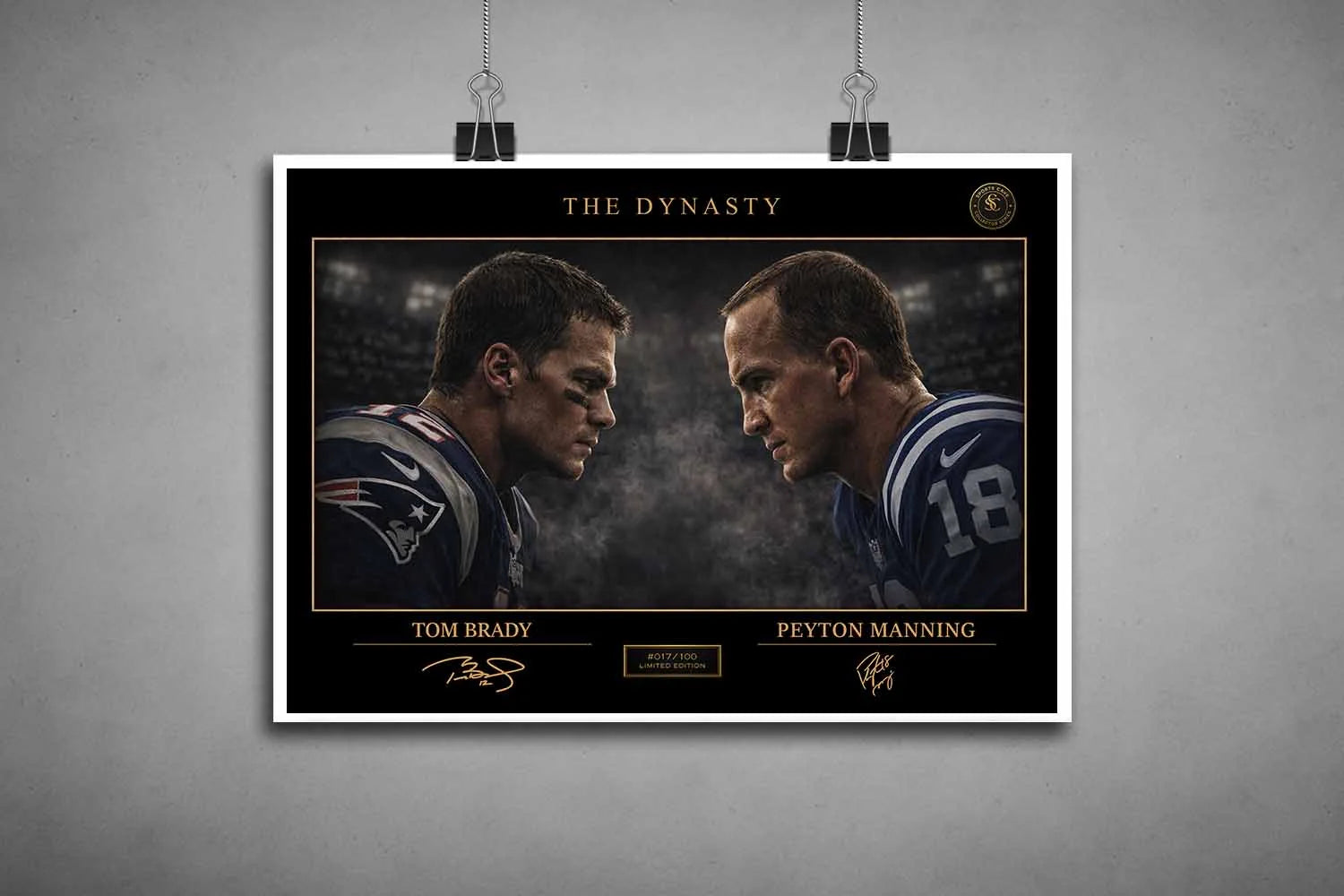Tom Brady vs Peyton Manning man cave wall décor unframed print highlighting iconic NFL rivalry artwork