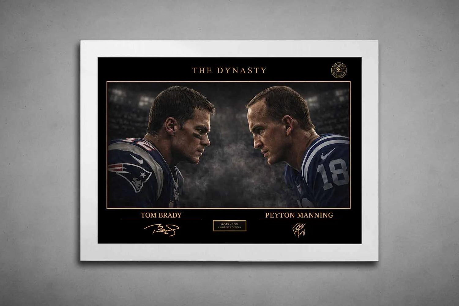 Tom Brady vs Peyton Manning sports art prints in white frame featuring clean gallery-style presentation
