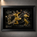 Brett Lee cricket wall art in a black frame, featuring three action portraits of the Australian fast bowler.