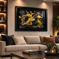 Black framed Brett Lee cricket wall art displayed above a sofa in a warm contemporary living room.