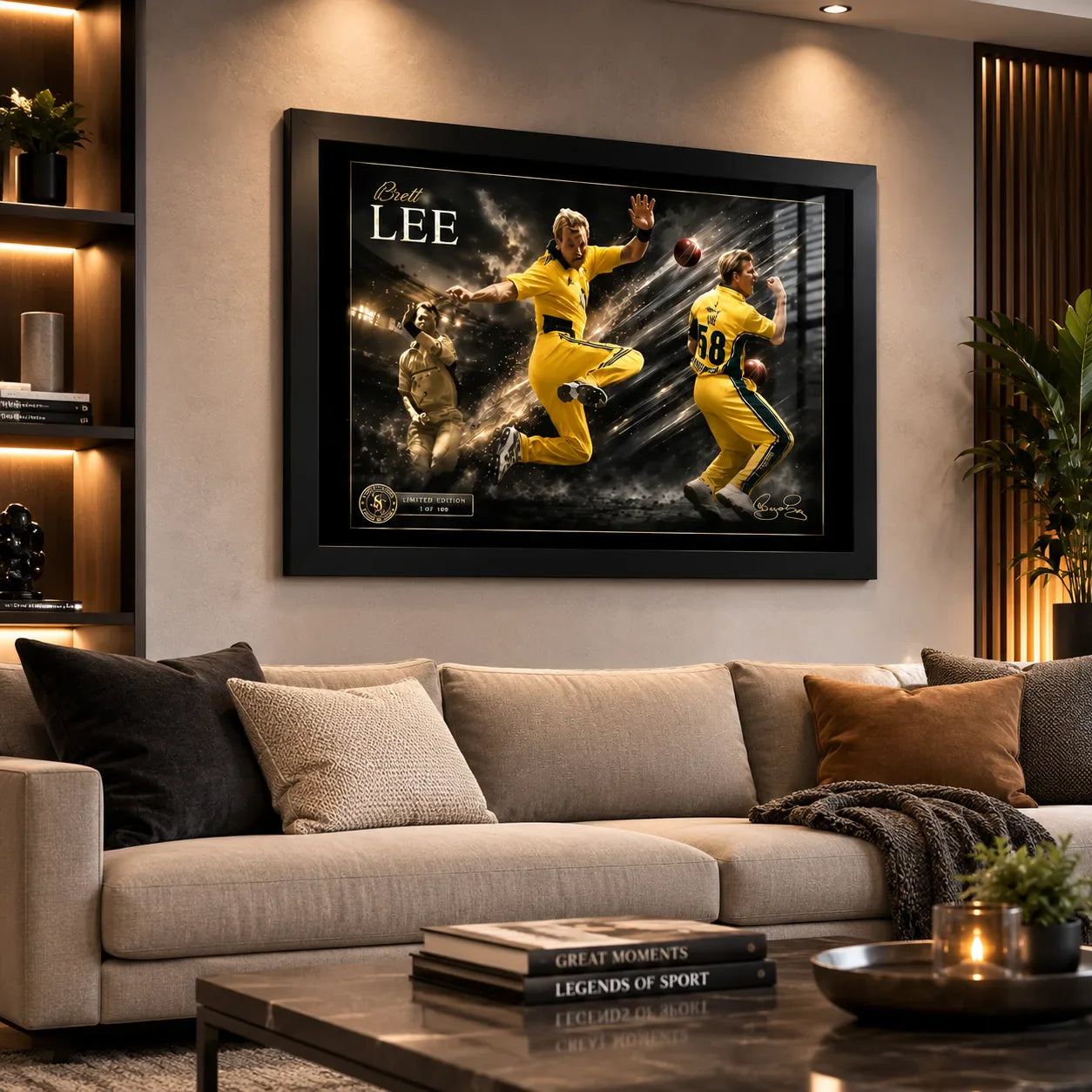 Black framed Brett Lee cricket wall art displayed above a sofa in a warm contemporary living room.