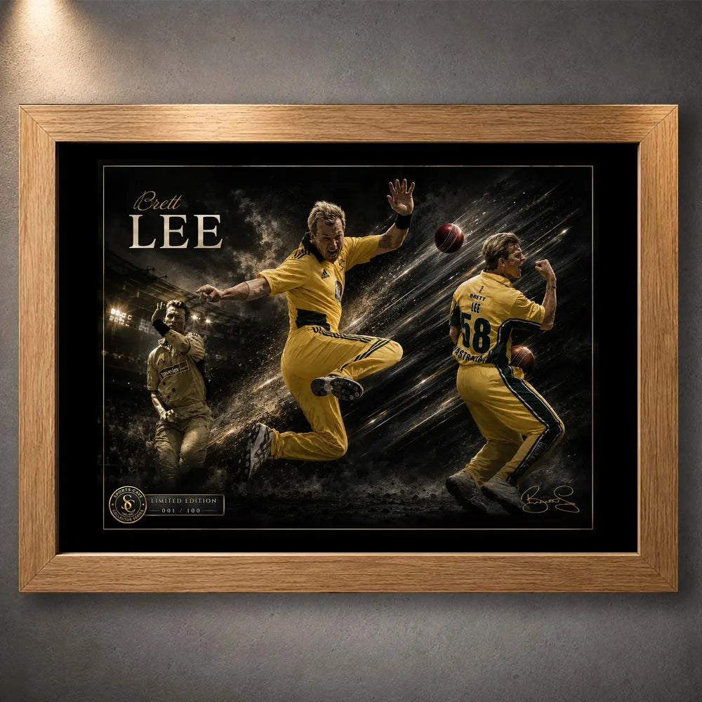 Brett Lee cricket wall art presented in a natural oak frame with three fast-bowling action scenes.