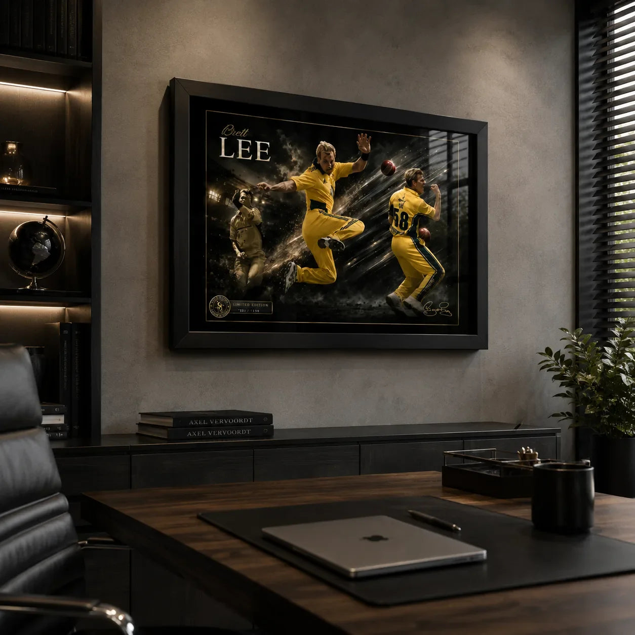Black framed Brett Lee cricket wall art displayed in a premium home office above a timber desk.