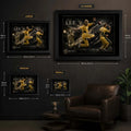 Size guide showing Small, Medium, Large and XL dimensions for Brett Lee framed cricket wall art.