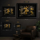 Size guide showing Small, Medium, Large and XL dimensions for Brett Lee framed cricket wall art.