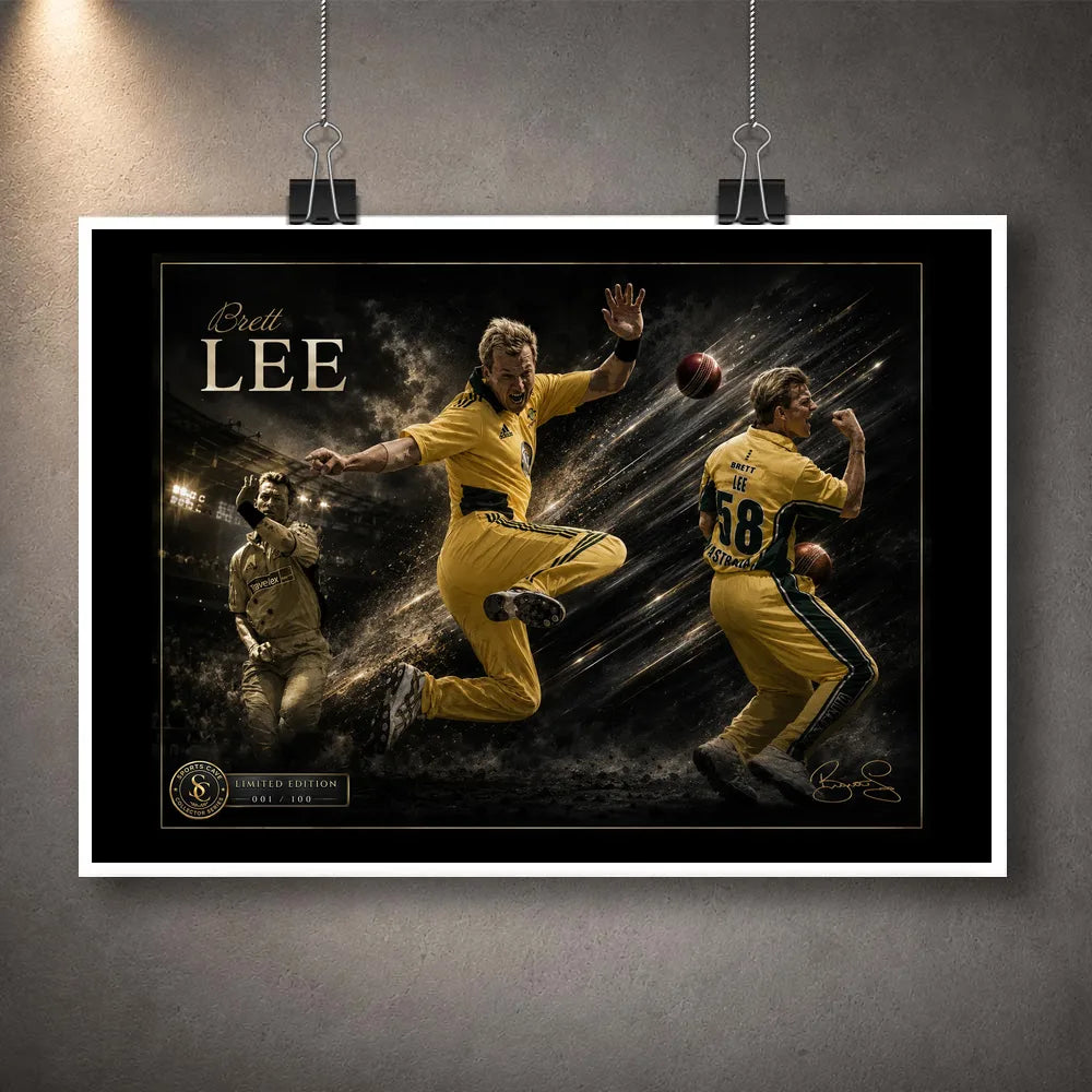 Unframed Brett Lee cricket wall art featuring three action scenes in a dark gold-accented collector design.