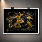 Unframed Brett Lee cricket wall art featuring three action scenes in a dark gold-accented collector design.