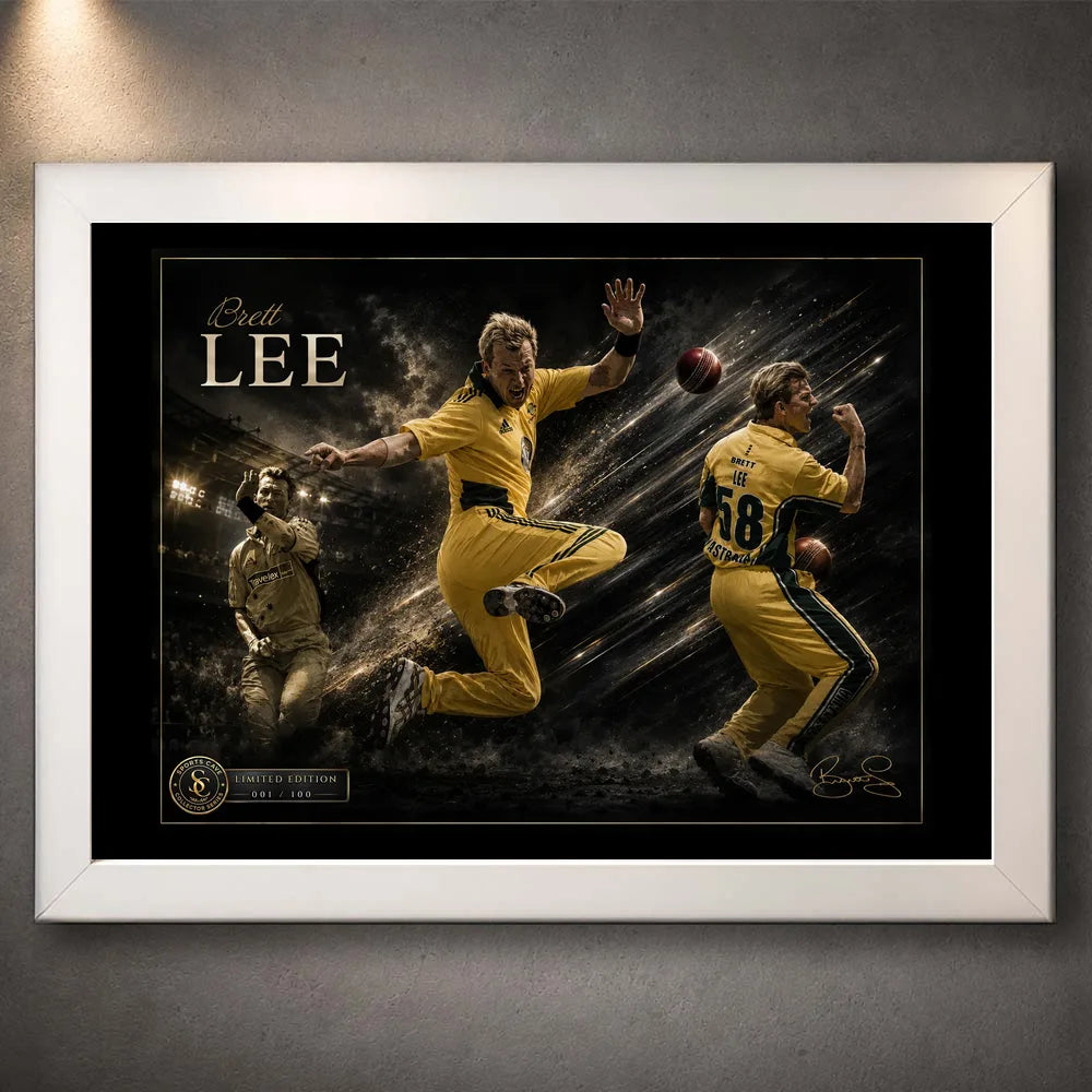 Brett Lee cricket wall art shown in a clean white frame with a dark gold-accented action composition.