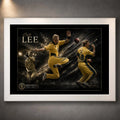 Brett Lee cricket wall art shown in a clean white frame with a dark gold-accented action composition.