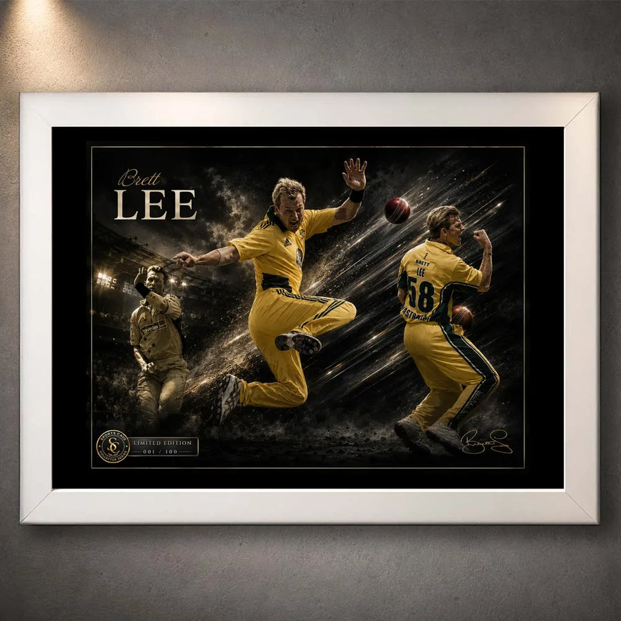 Brett Lee cricket wall art shown in a clean white frame with a dark gold-accented action composition.