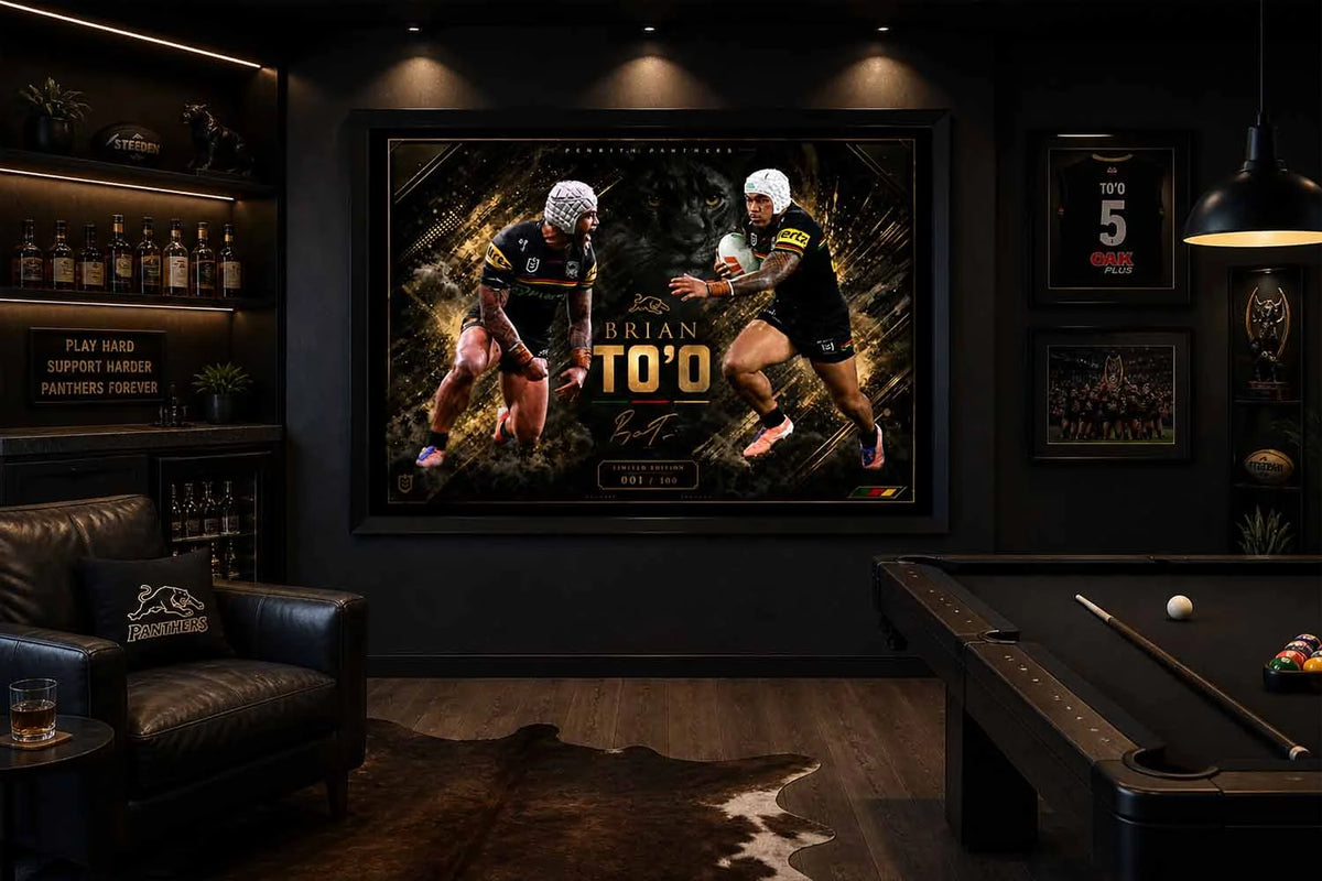 Brian To’o rugby artwork displayed in a modern man cave, bold Panthers theme, ideal man cave wall décor