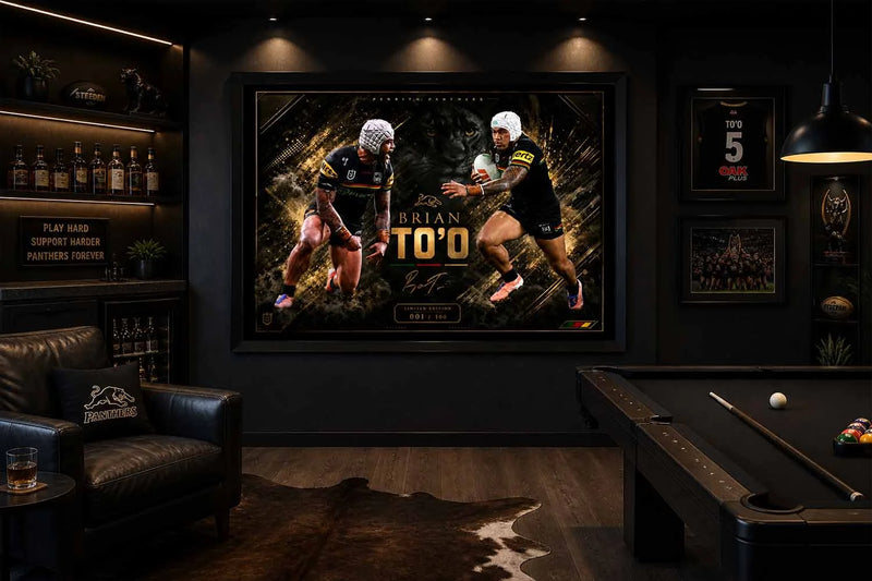 Brian To’o rugby artwork displayed in a modern man cave, bold Panthers theme, ideal man cave wall décor