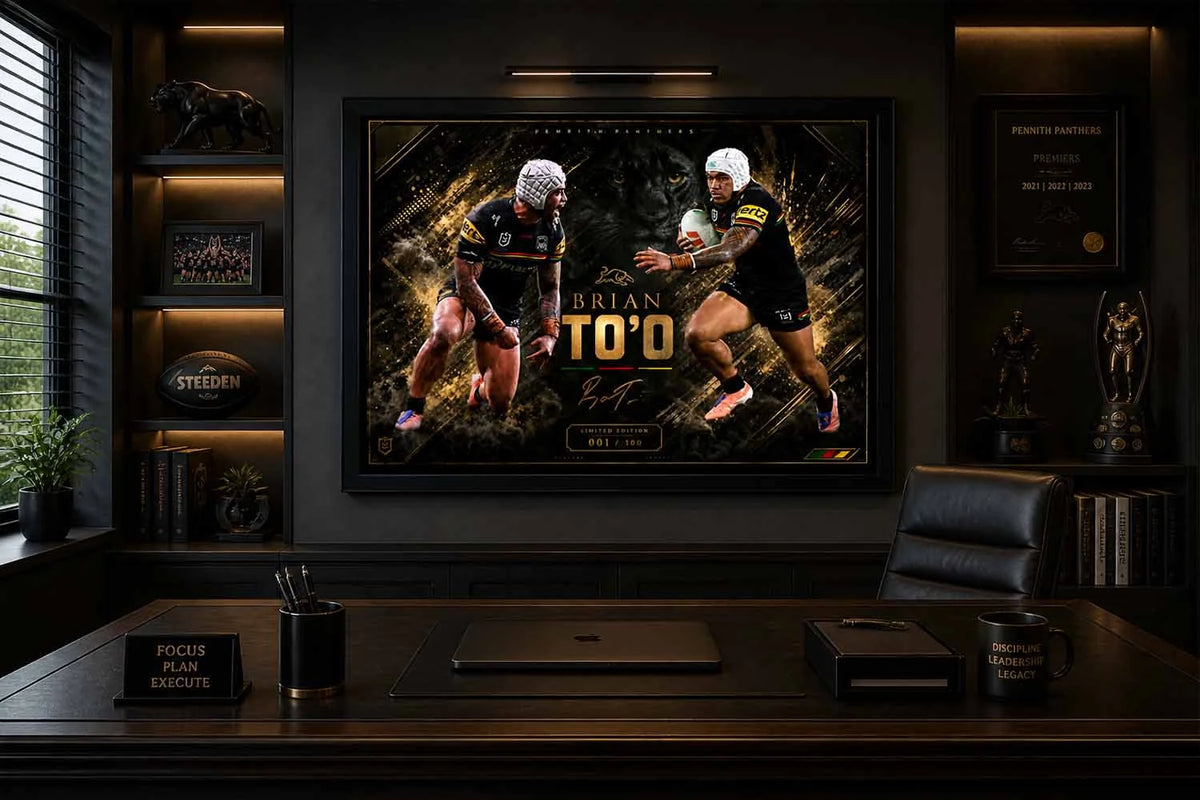 Brian To’o Penrith Panthers office display with framed artwork, sleek professional setting, premium sports collectibles