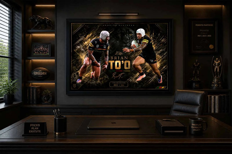 Brian To’o Penrith Panthers office display with framed artwork, sleek professional setting, premium sports collectibles