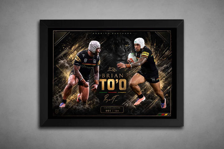 Brian To’o Penrith Panthers framed in black, powerful dual-action pose artwork, framed sports art for collectors