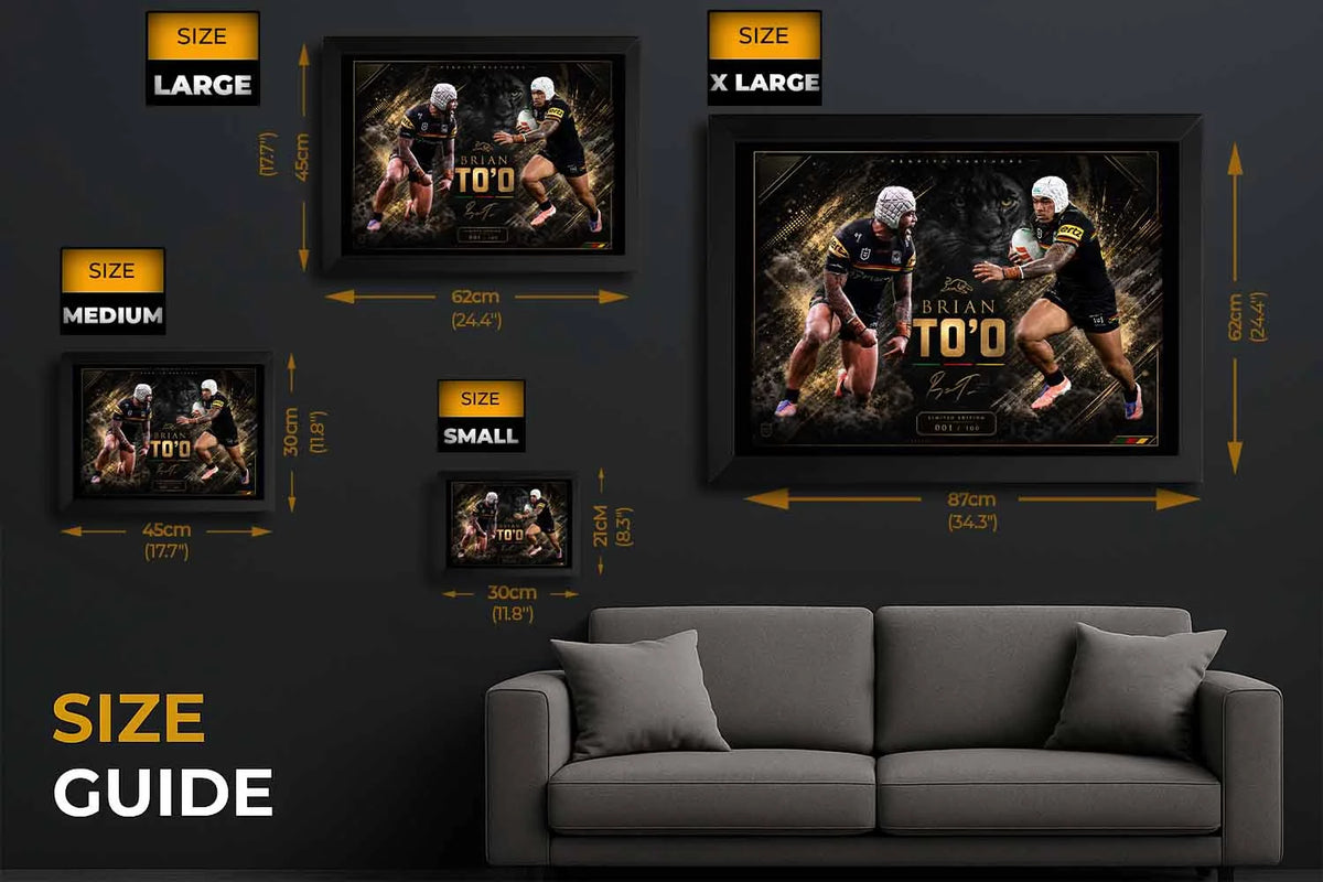 Brian To’o framed rugby artwork size guide showing multiple dimensions, clear layout for sports wall art selection