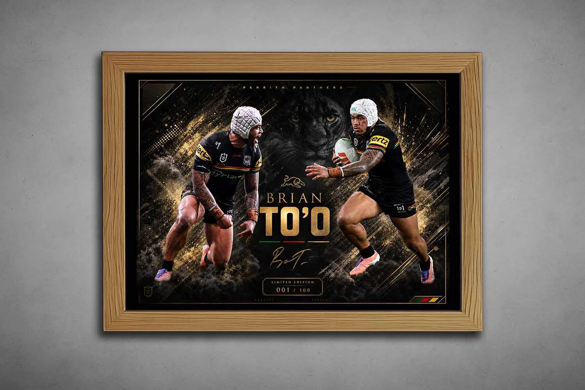 Brian To’o Penrith Panthers artwork in oak frame, detailed rugby league design, limited edition sports prints