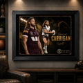 Patrick Carrigan Brisbane Broncos wall art displayed in a dark man cave, framed in black above a timber media console