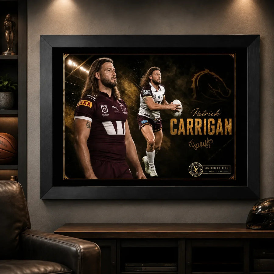 Patrick Carrigan Brisbane Broncos wall art displayed in a dark man cave, framed in black above a timber media console