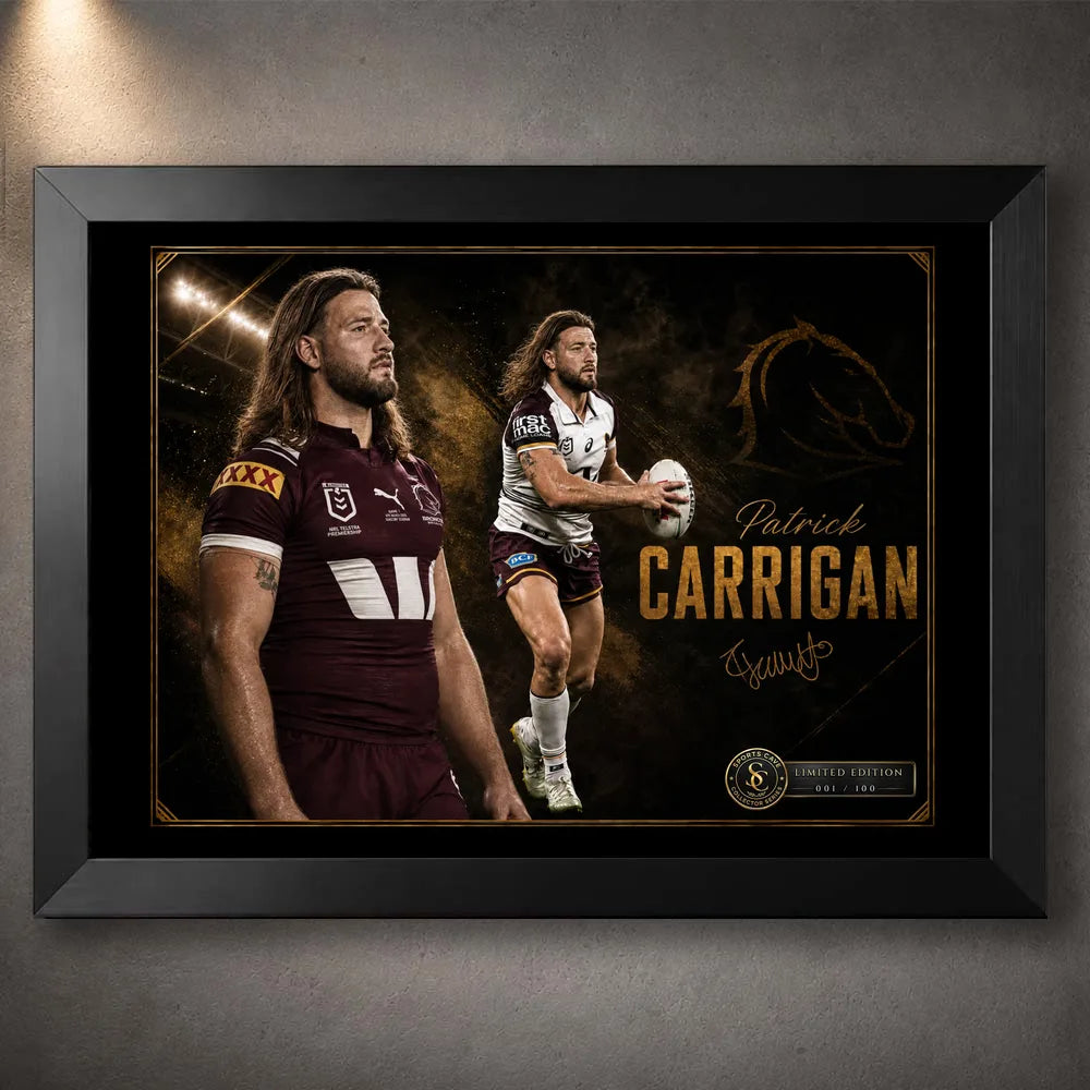Black framed Patrick Carrigan Brisbane Broncos rugby wall art with maroon and white action portraits on a dark gold design