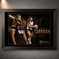 Black framed Patrick Carrigan Brisbane Broncos rugby wall art with maroon and white action portraits on a dark gold design