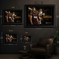Patrick Carrigan wall art size guide showing Small, Medium, Large and X Large framed dimensions in centimetres and inches