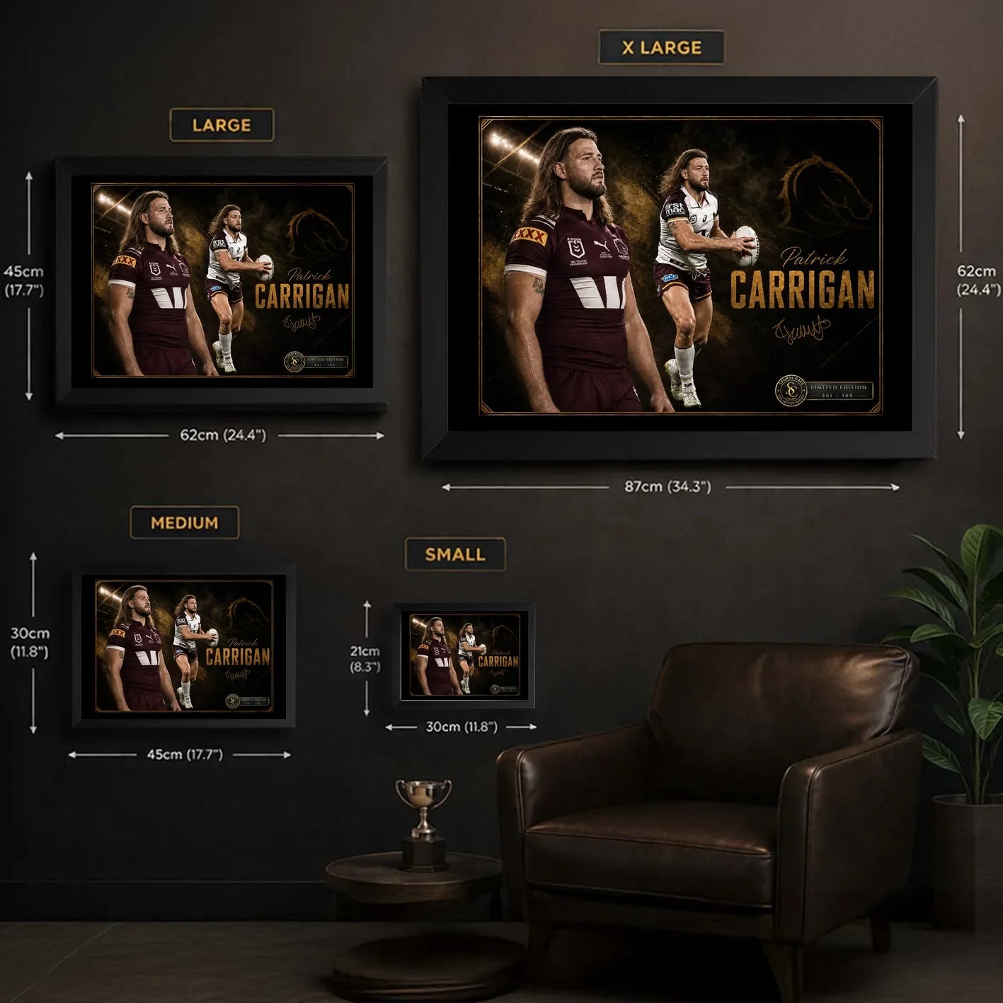 Patrick Carrigan wall art size guide showing Small, Medium, Large and X Large framed dimensions in centimetres and inches