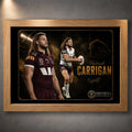 Oak framed Patrick Carrigan Brisbane Broncos rugby wall art with maroon and white action portraits on a dark gold design