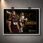 Unframed Patrick Carrigan Brisbane Broncos rugby wall art print with maroon and white action portraits on a dark gold design