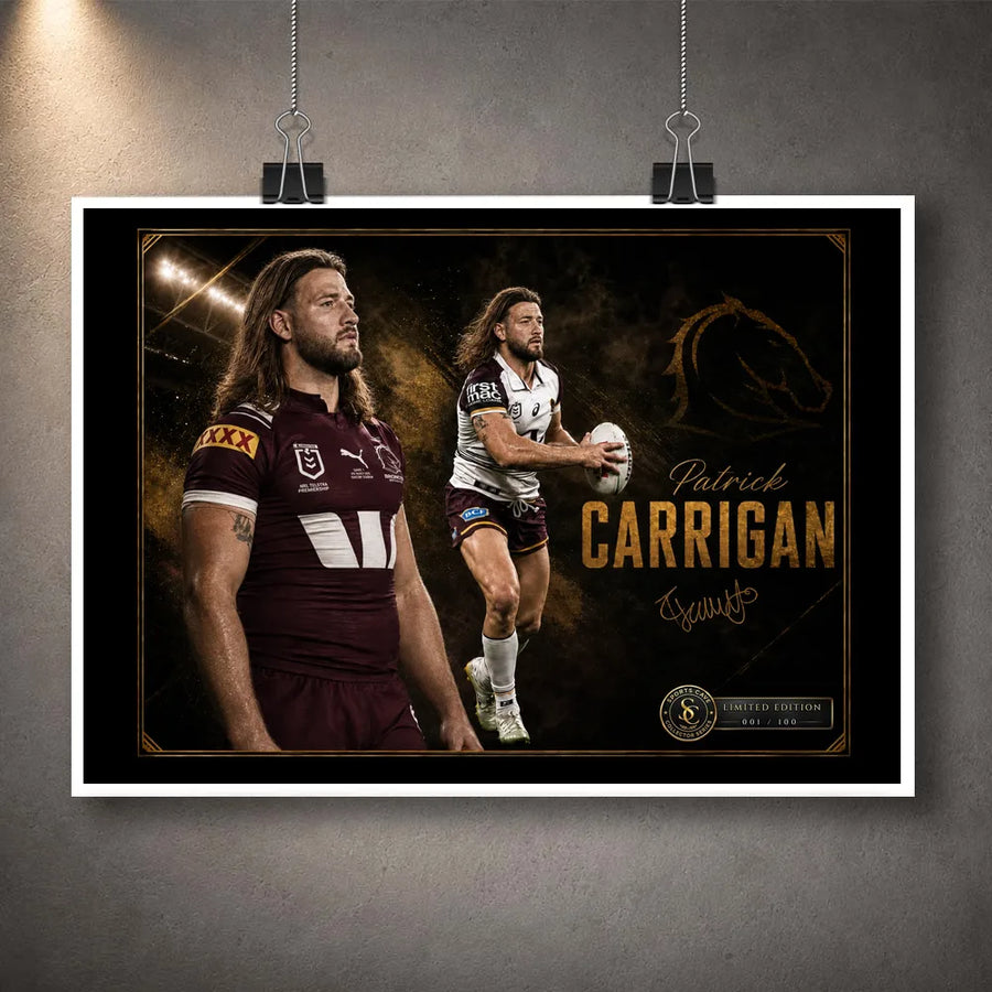 Unframed Patrick Carrigan Brisbane Broncos rugby wall art print with maroon and white action portraits on a dark gold design