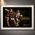 White framed Patrick Carrigan Brisbane Broncos rugby wall art with maroon and white action portraits on a dark gold design