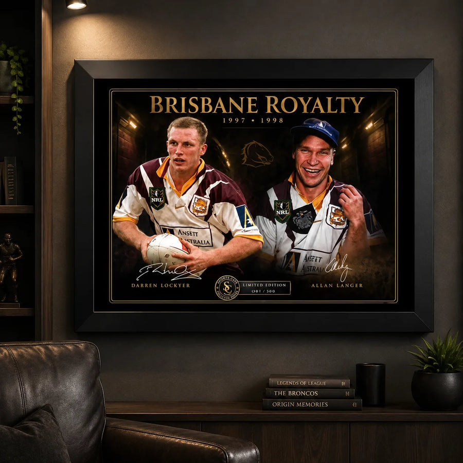 Darren Lockyer and Allan Langer Brisbane Royalty wall art displayed in a dark man cave with a black frame.