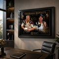 Brisbane Royalty Lockyer and Langer rugby league wall art displayed in a modern office with a black frame.
