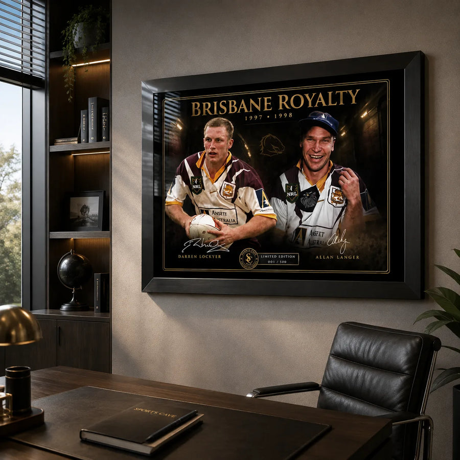 Brisbane Royalty Lockyer and Langer rugby league wall art displayed in a modern office with a black frame.